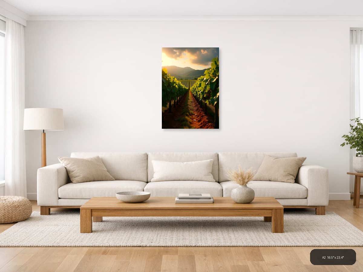 Golden Vineyard Valley Sunset Photography Wall Art shown in a room setting at A2