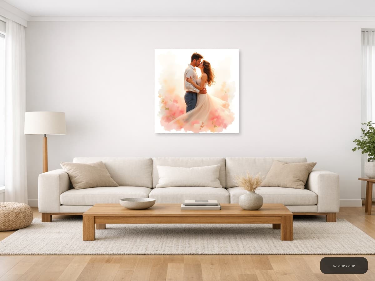 Romantic Couple Kissing Watercolor Wall Art shown in a room setting at A2