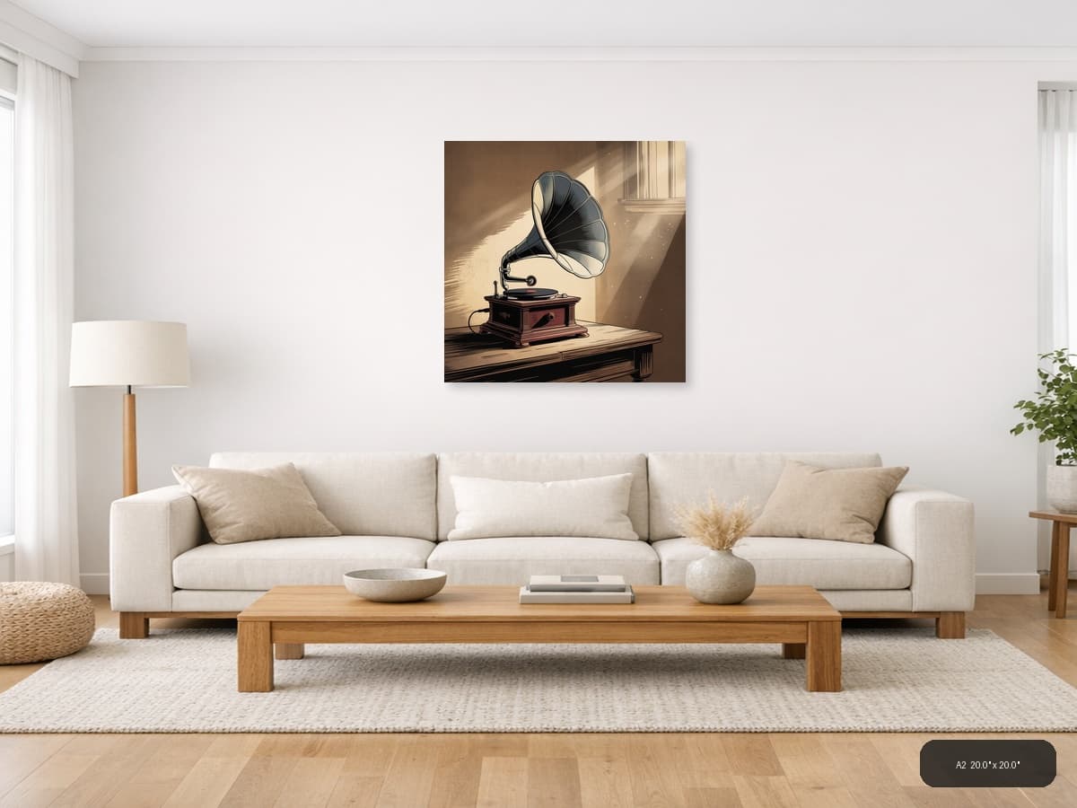 Vintage Gramophone with Sunlit Window Wall Art shown in a room setting at A2