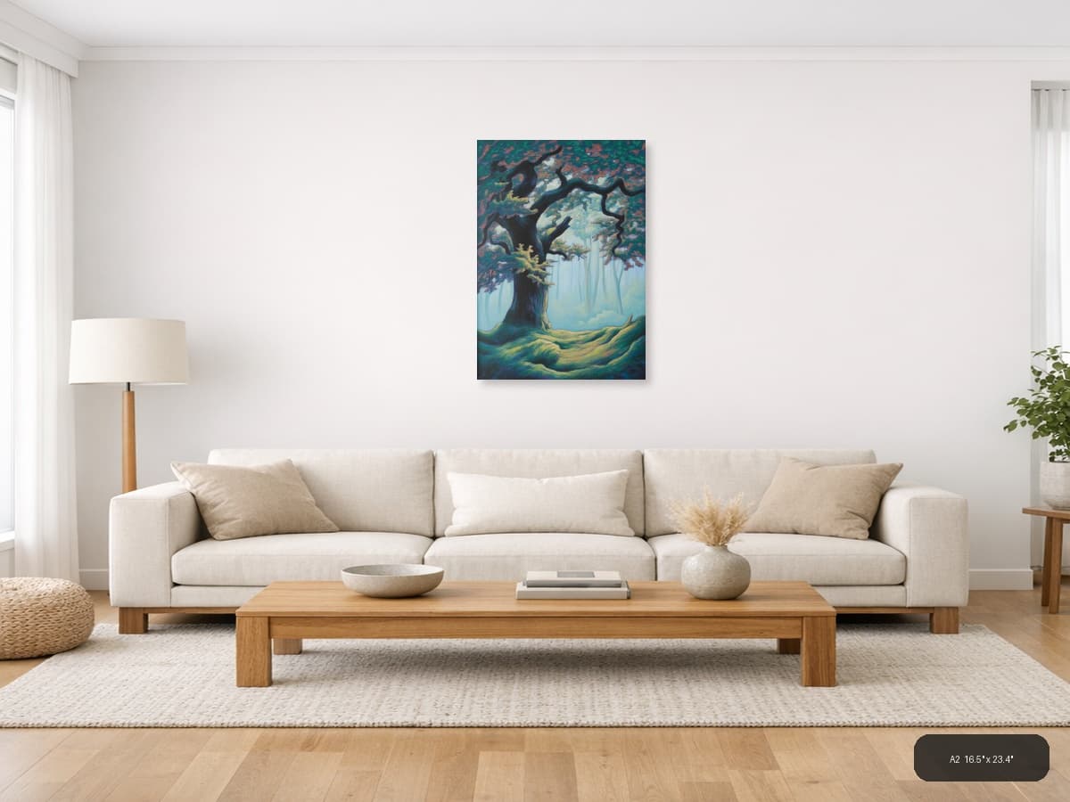 Ancient Twisted Tree Forest Landscape Abstract Wall Art shown in a room setting at A2