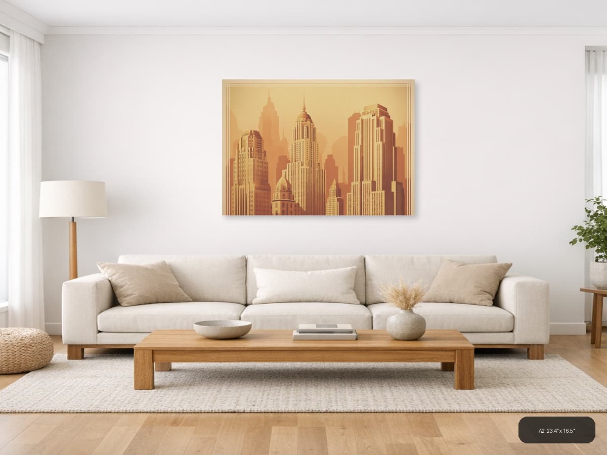 Vintage Art Deco Skyline - Golden City Towers Wall Art shown in a room setting at A2