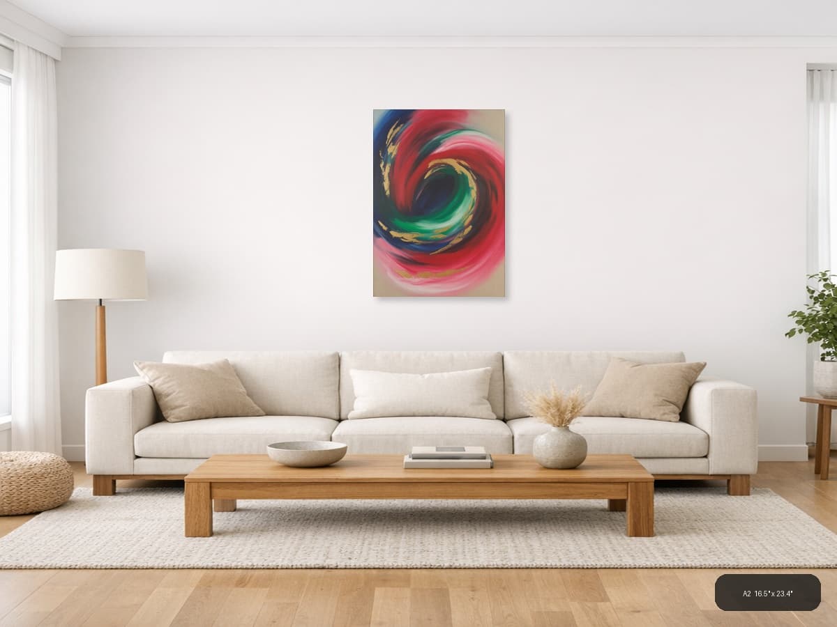 Abstract Swirl Red Green Gold Modern Wall Art shown in a room setting at A2