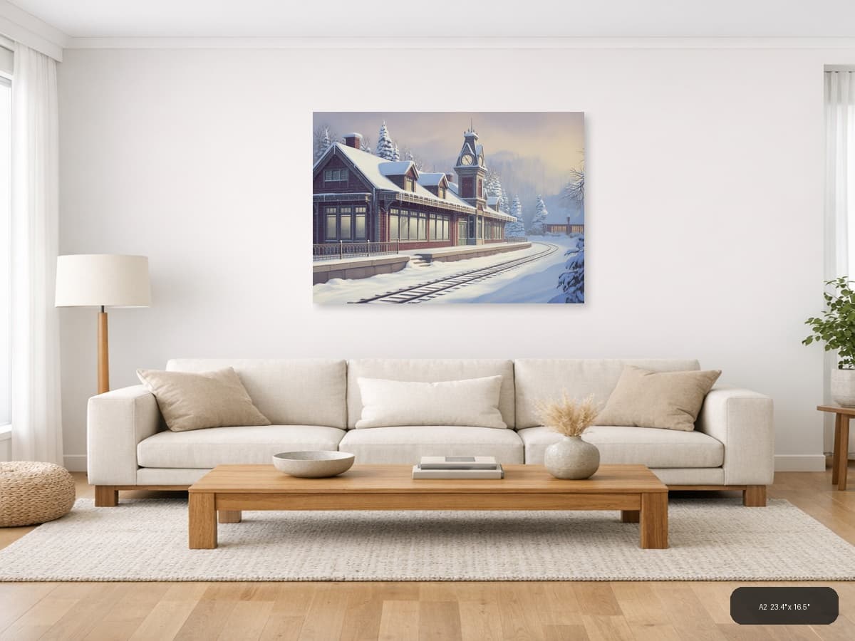 Vintage Snow-Covered Railway Station Clock Tower Wall Art shown in a room setting at A2