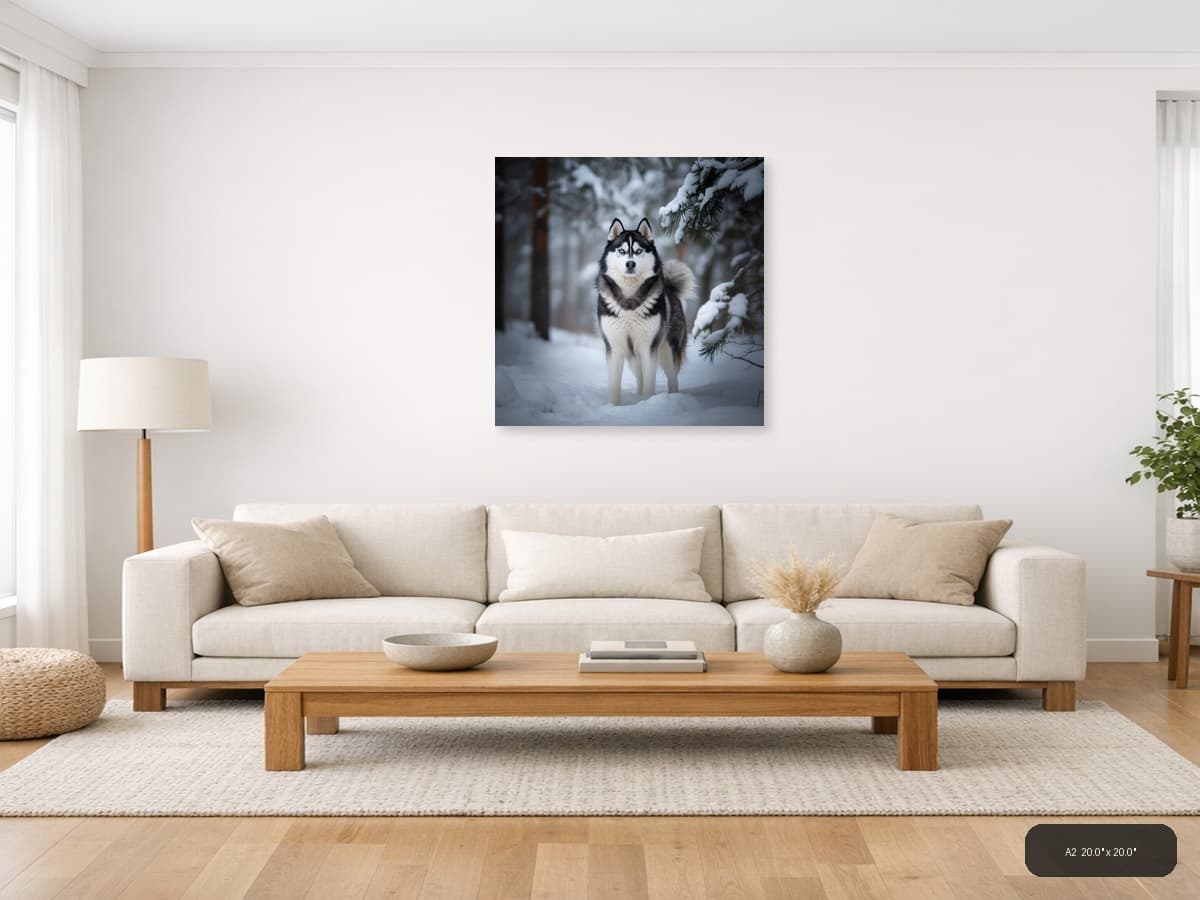 Husky in Snow Forest Winter Photography Wall Art shown in a room setting at A2