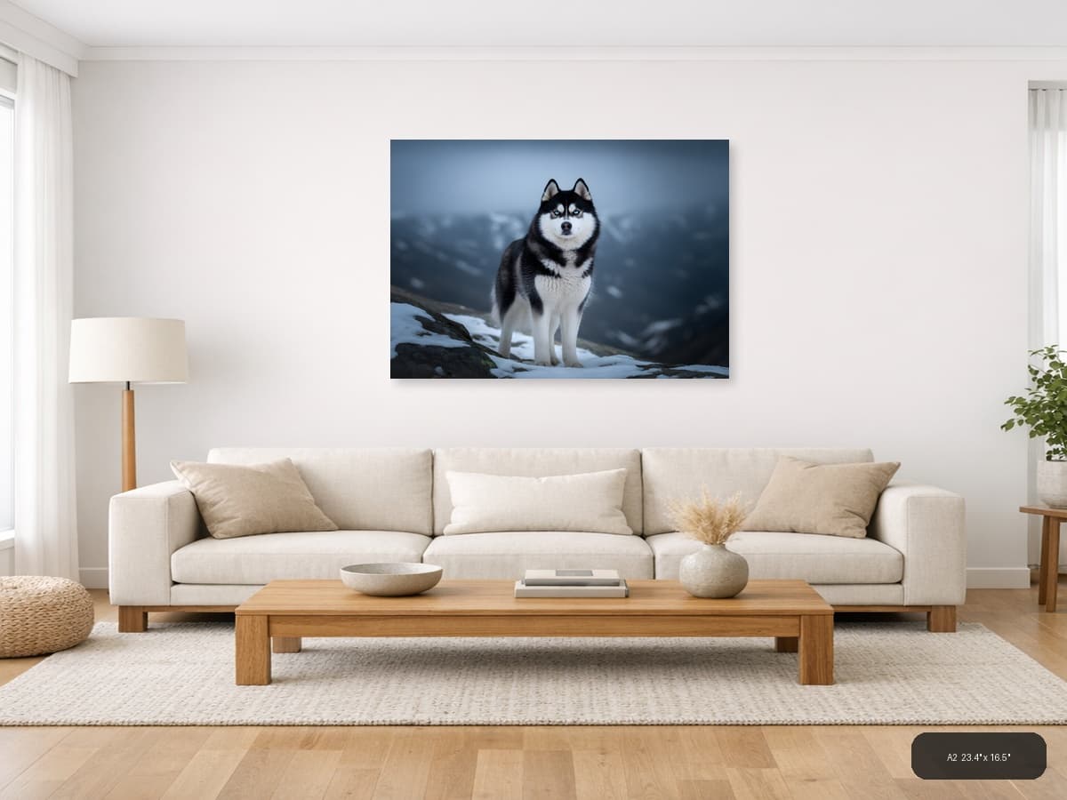 Husky in Mountain Snow Storm - Wildlife Photography Wall Art shown in a room setting at A2
