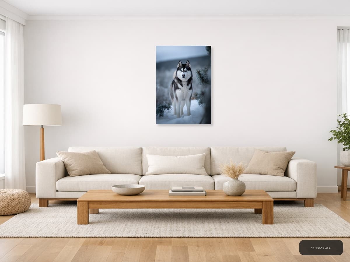 Husky with Blue Eyes in Snowy Winter Forest Photography Wall Art shown in a room setting at A2