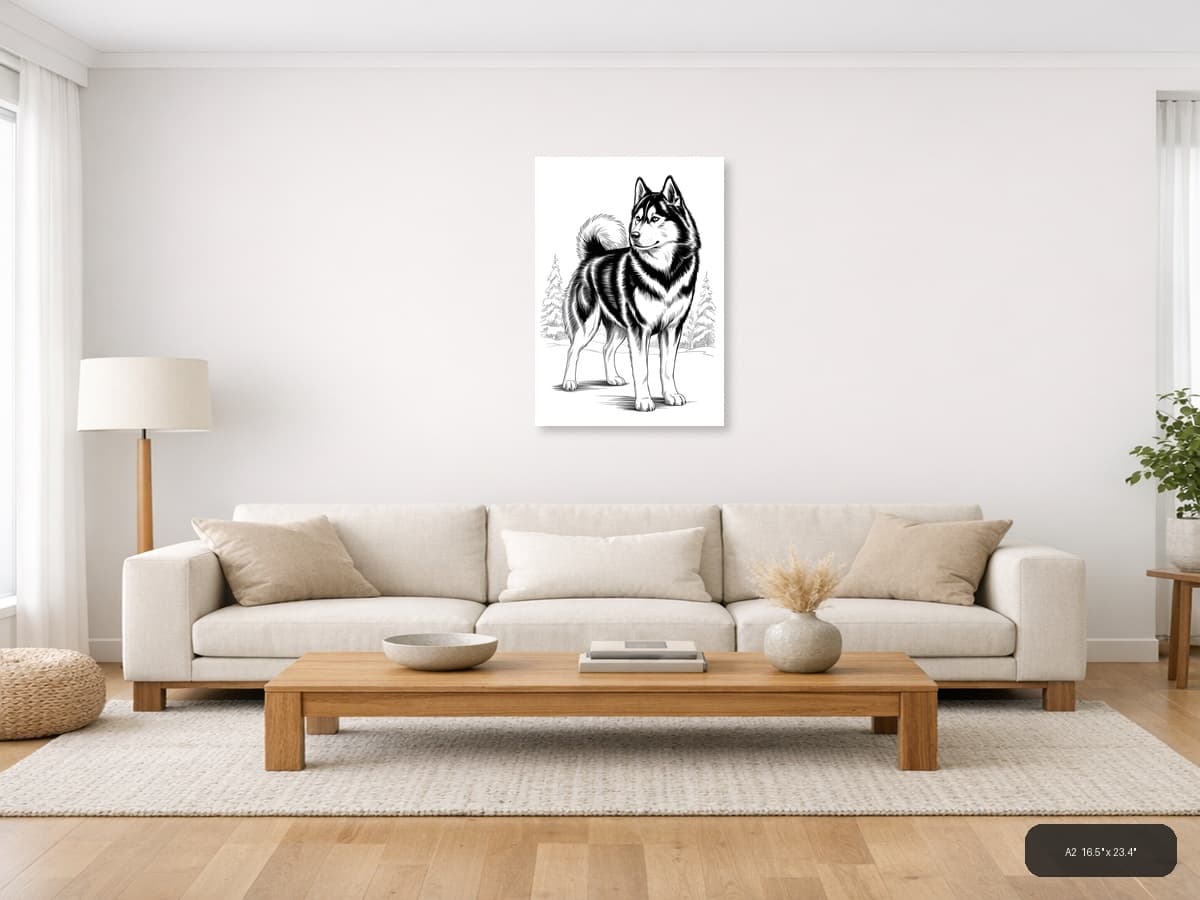 Husky Portrait Line Art Drawing - Black & White Wall Art shown in a room setting at A2