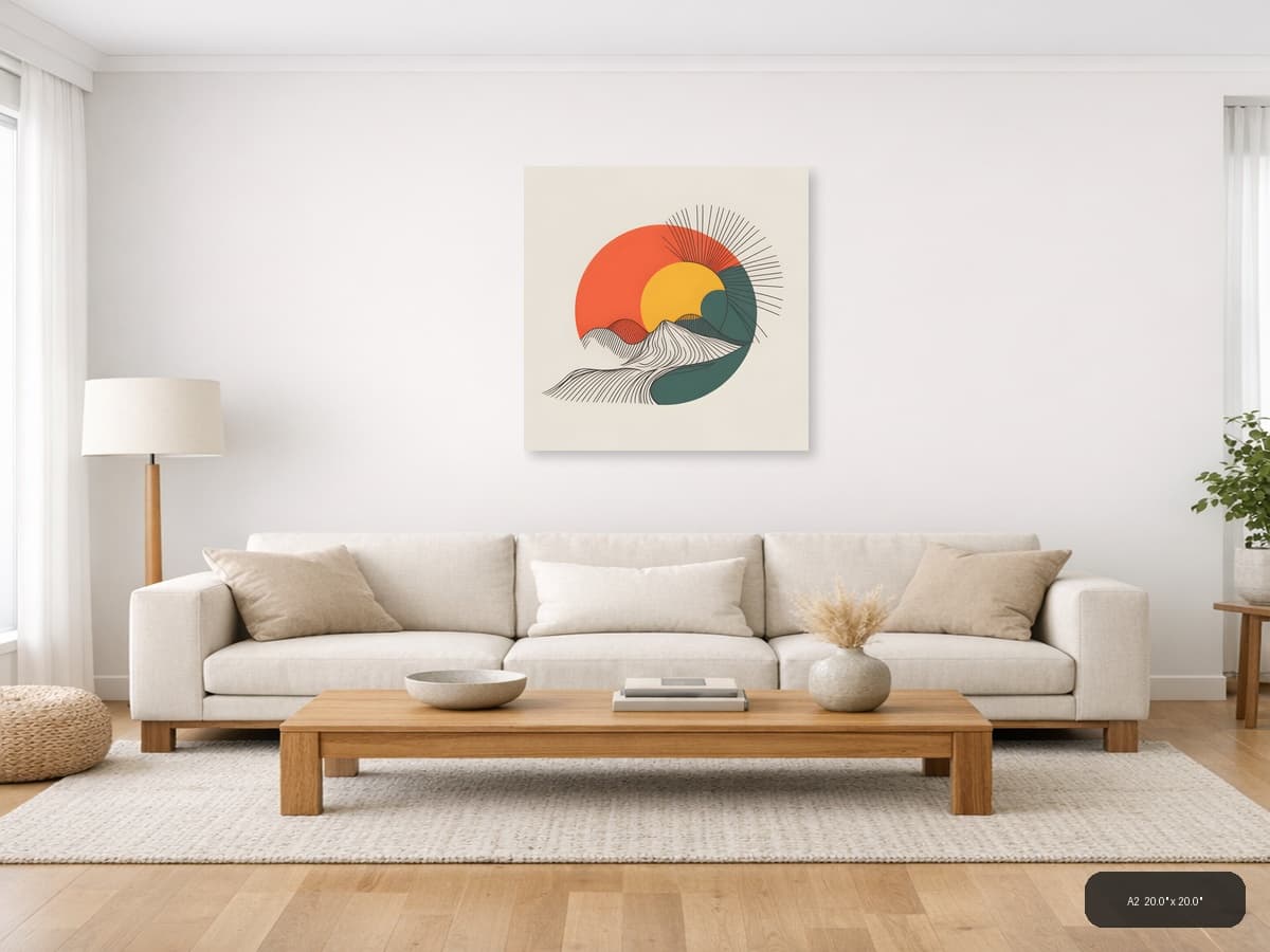 Minimalist Sun and Ocean Wave Line Art Wall Art shown in a room setting at A2