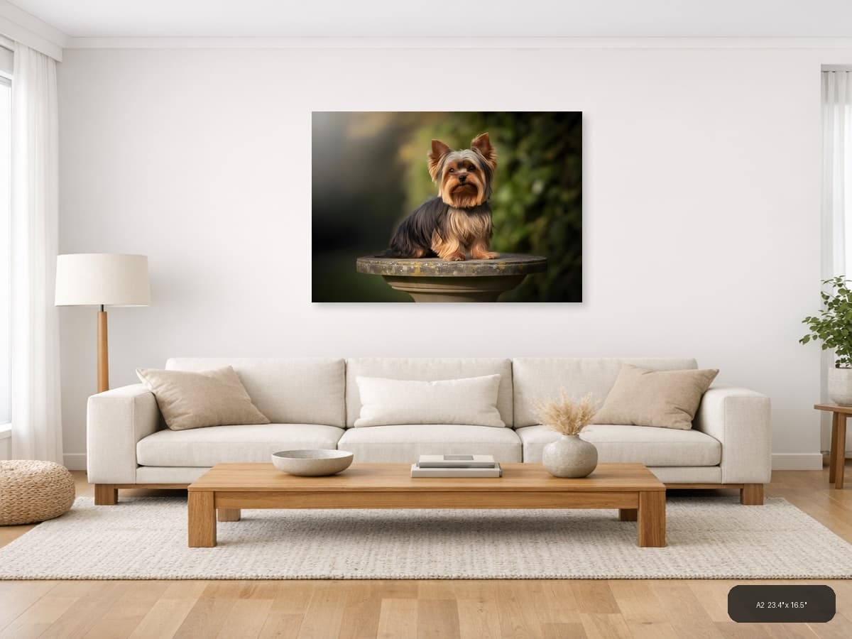 Shih Tzu Puppy on Stone Pedestal Photography Wall Art shown in a room setting at A2