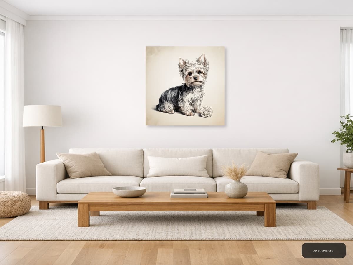 Cute Terrier with Rose Line Art Wall Art shown in a room setting at A2