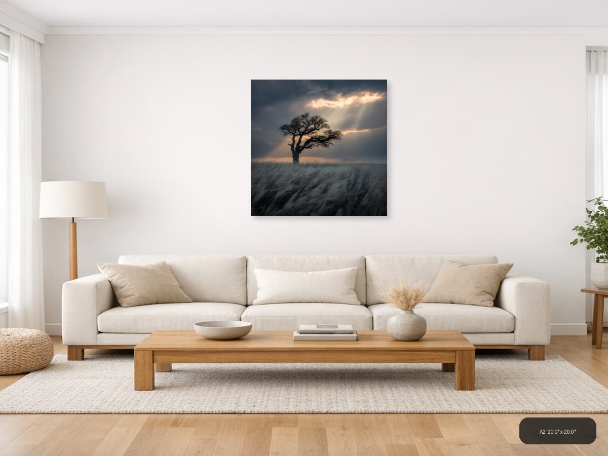 Windswept Acacia Tree Savanna Photography Wall Art shown in a room setting at A2
