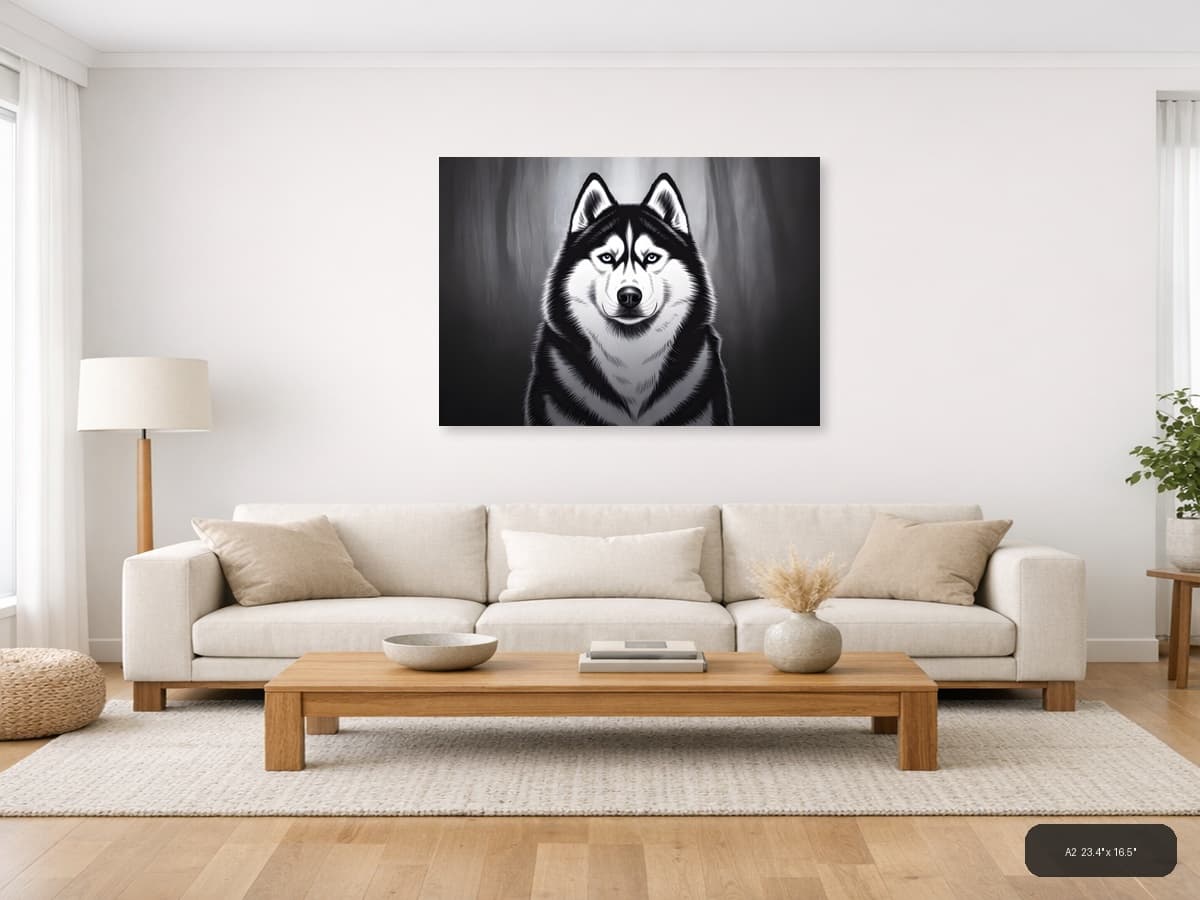 Striking Husky Portrait Black and White Photography Wall Art shown in a room setting at A2