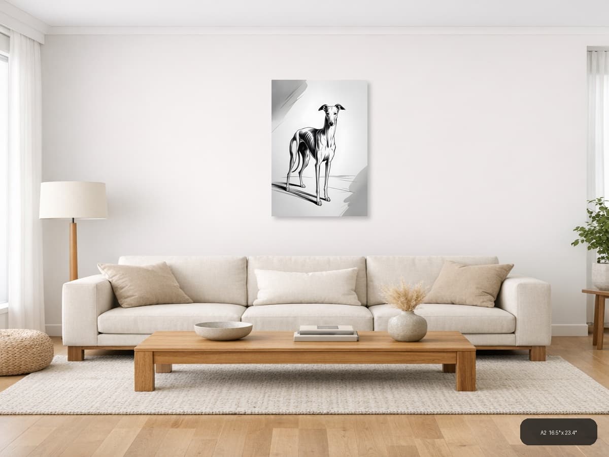 Greyhound Dog Line Art Portrait Wall Art shown in a room setting at A2