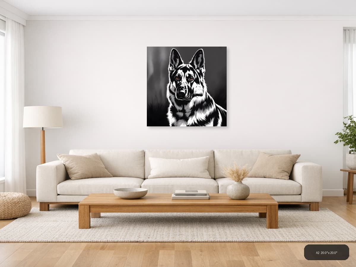 Black and White Corgi Portrait Photography Wall Art shown in a room setting at A2