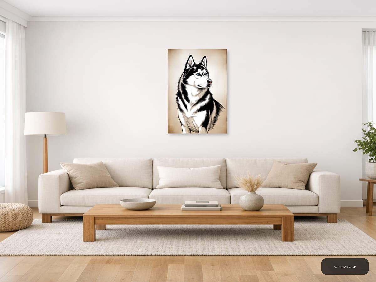 Siberian Husky Portrait Line Art Black & White Wall Art shown in a room setting at A2