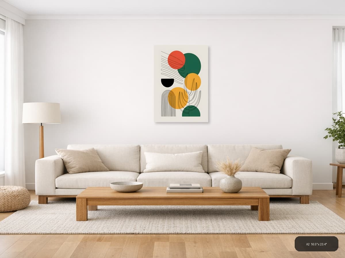 Abstract Geometric Line Art with Circles Wall Art shown in a room setting at A2