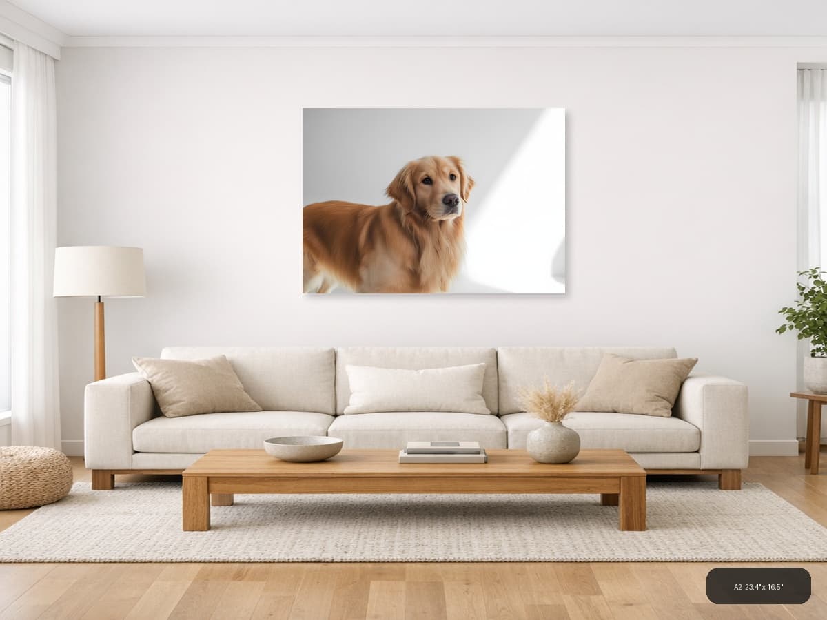Golden Retriever Portrait Minimalist Wall Art shown in a room setting at A2