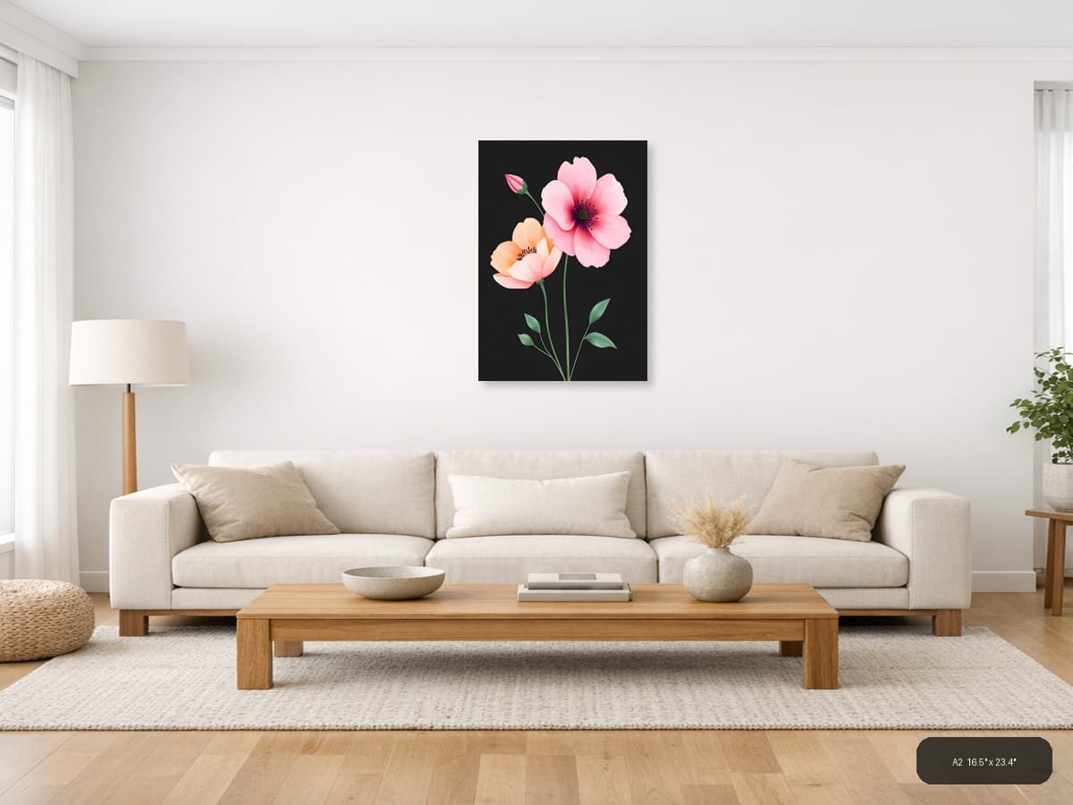 Pink & Peach Flowers Minimalist Botanical Wall Art shown in a room setting at A2
