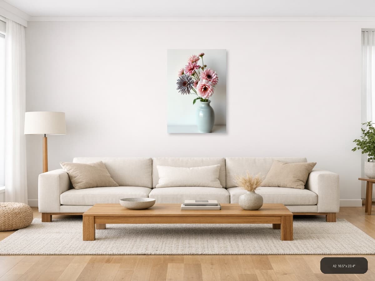 Minimalist Pink Gerbera Flowers in Vase Wall Art shown in a room setting at A2