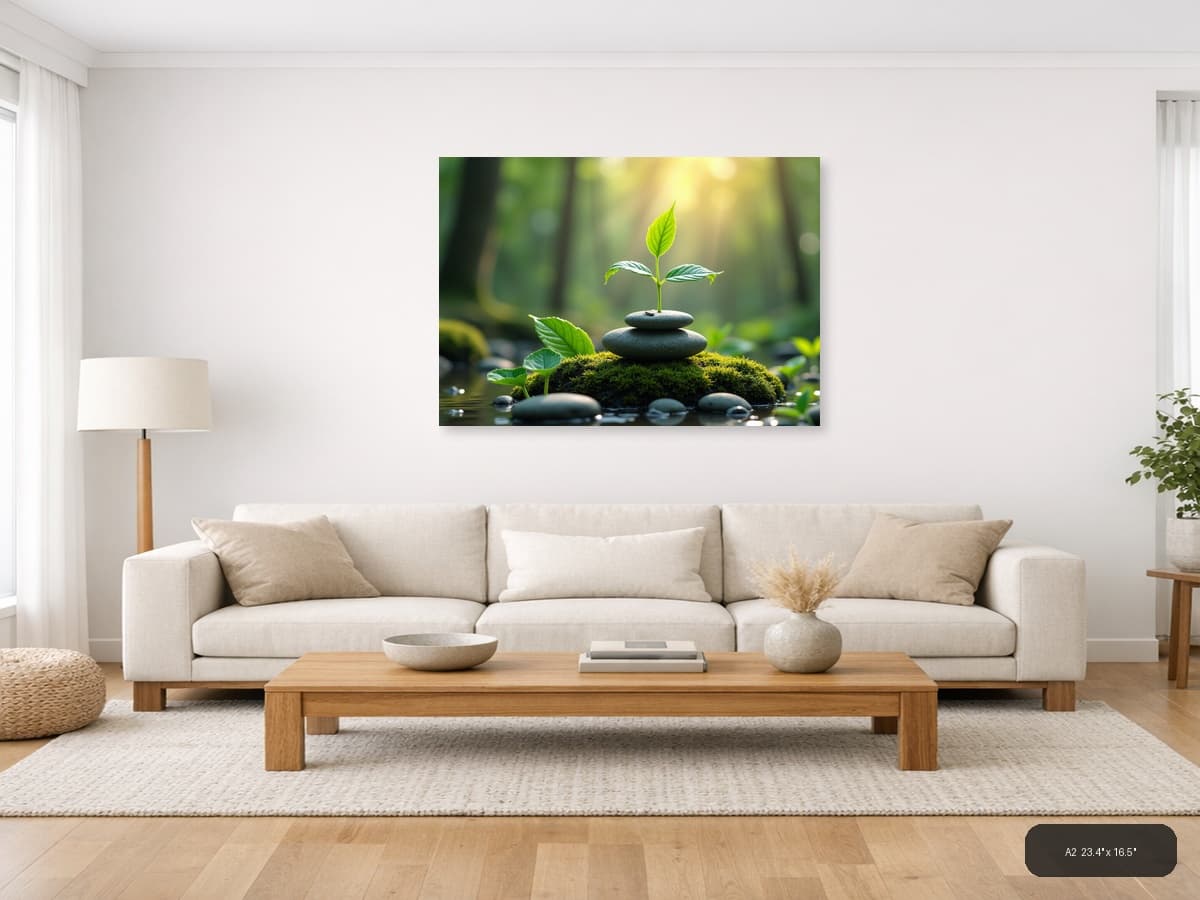 Young Plant on Stacked Stones Botanical Wall Art shown in a room setting at A2