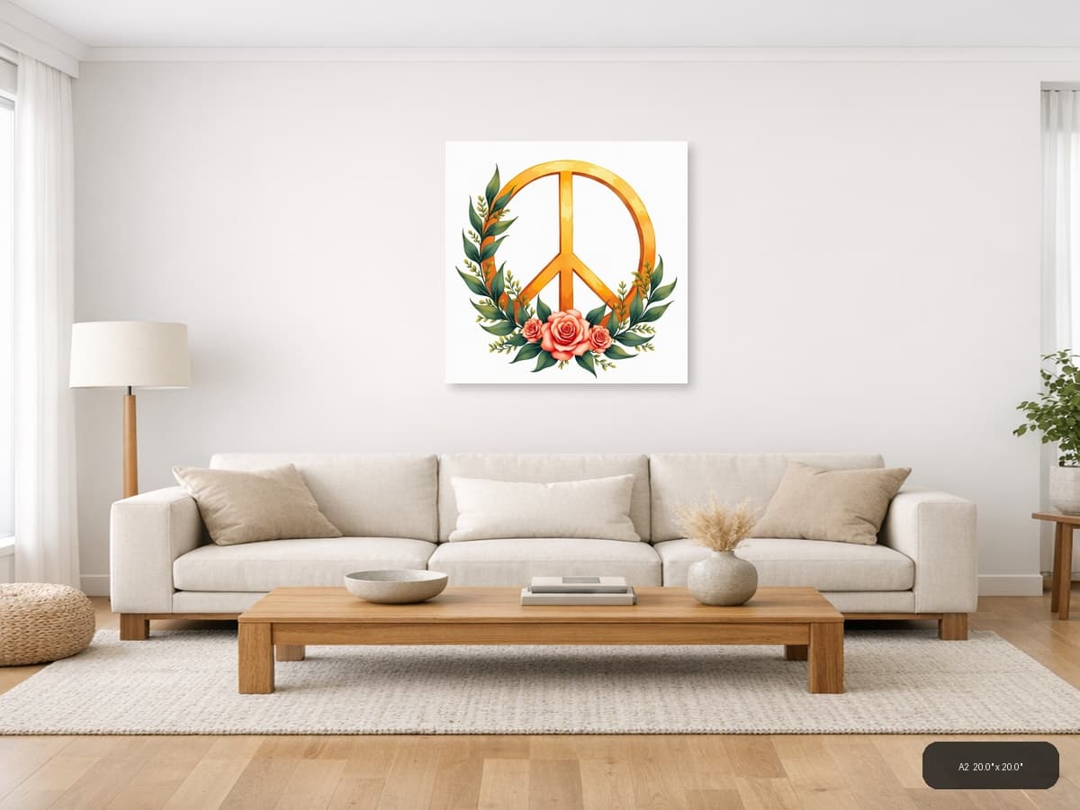 Golden Peace Sign with Roses Watercolor Wall Art shown in a room setting at A2