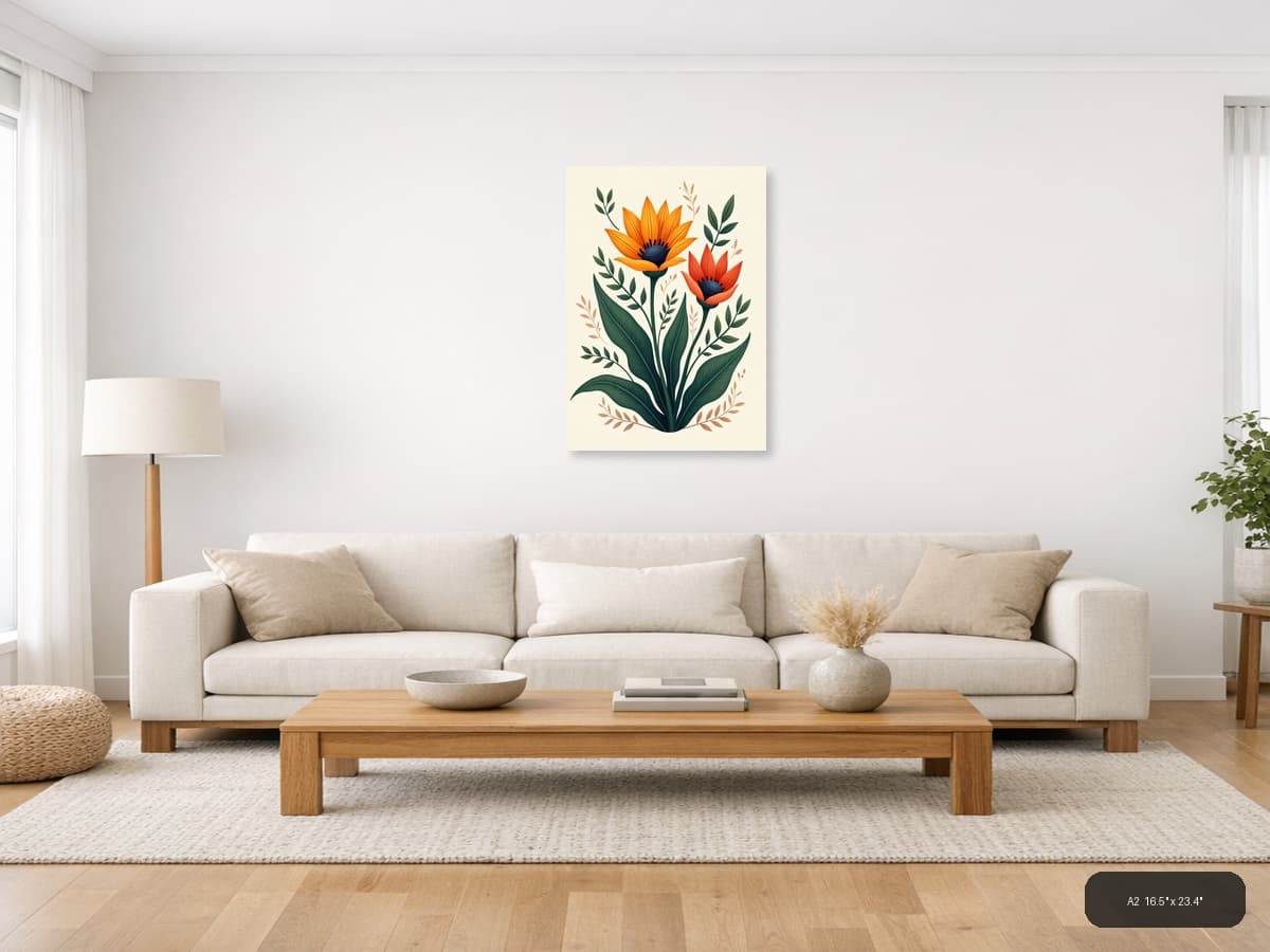 Orange Red Sunflowers Botanical Illustration Wall Art shown in a room setting at A2