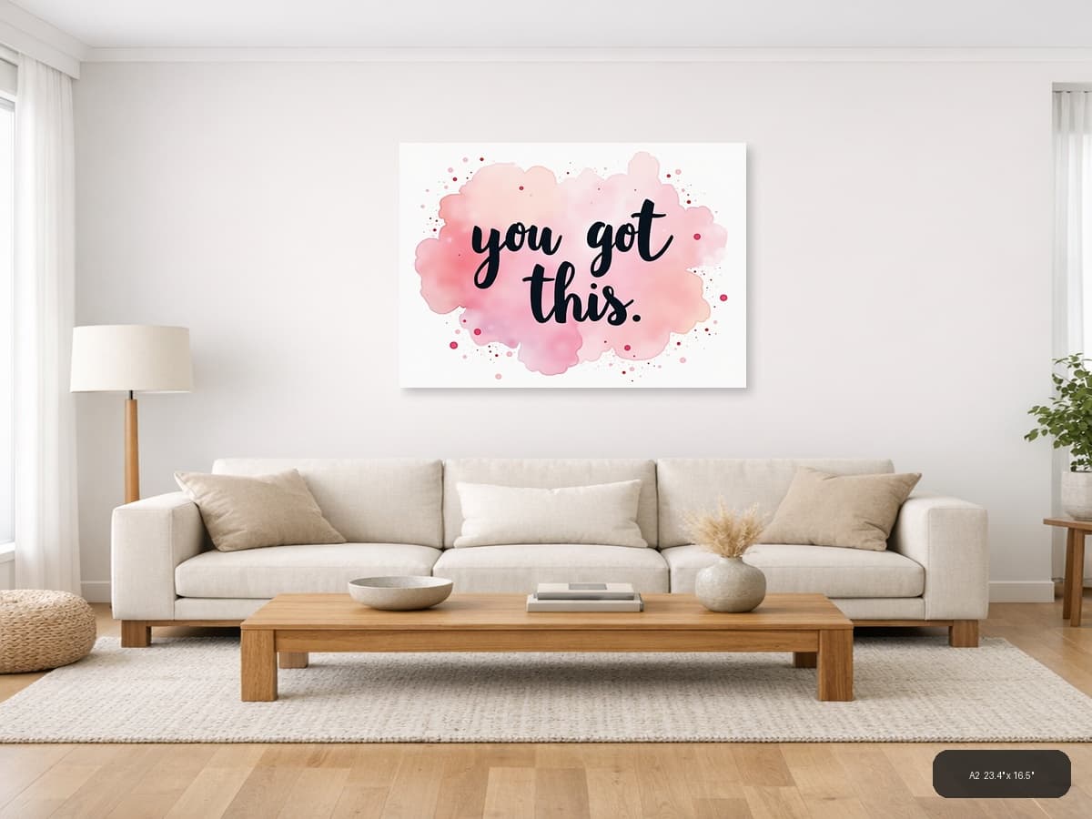 You Got This Watercolor Pink Cloud Motivational Wall Art shown in a room setting at A2