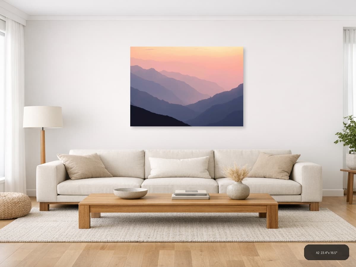 Minimalist Mountain Valley Sunset Pink Sky Wall Art shown in a room setting at A2