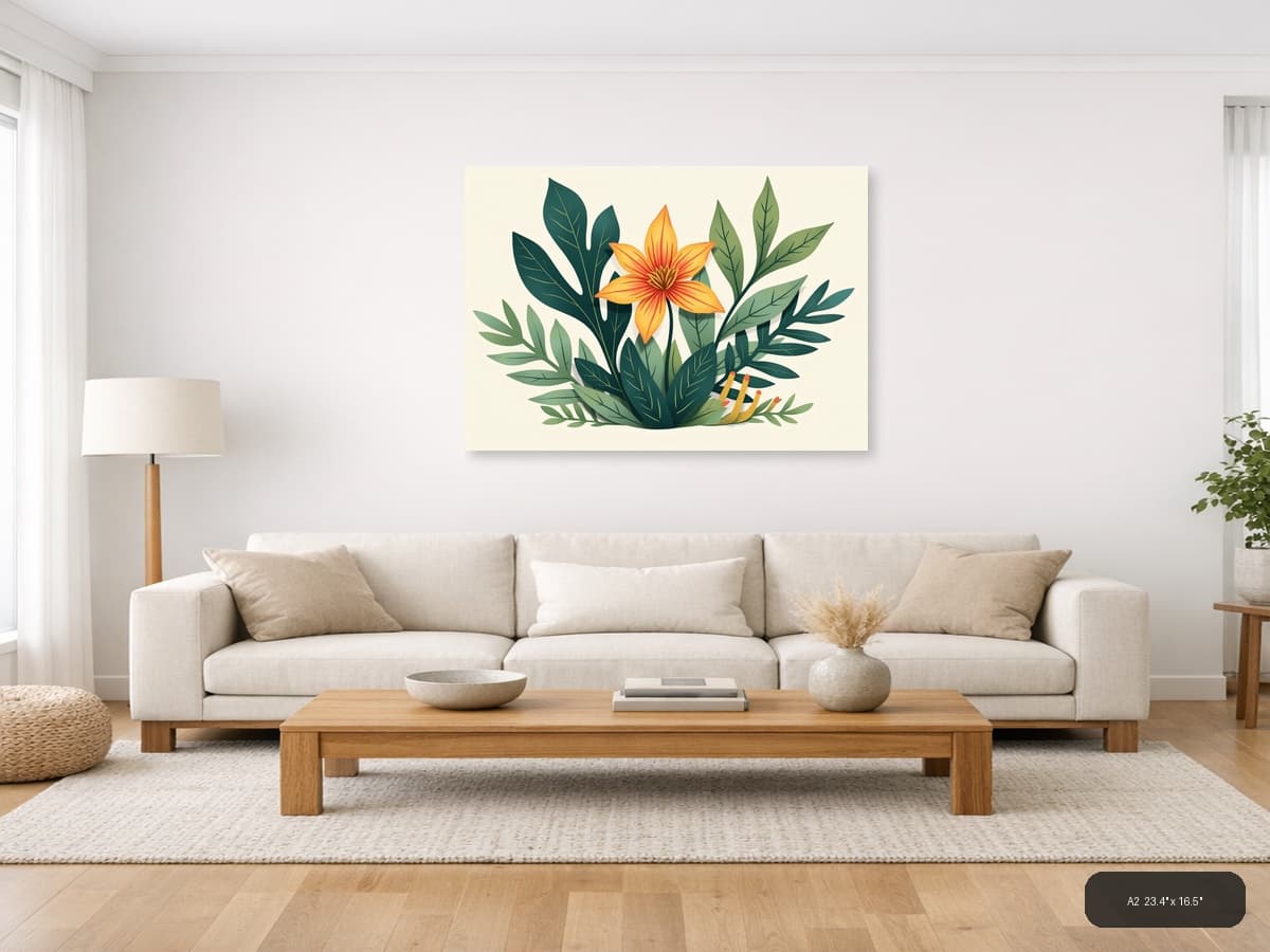 Botanical Orange Flower with Green Leaves Wall Art shown in a room setting at A2