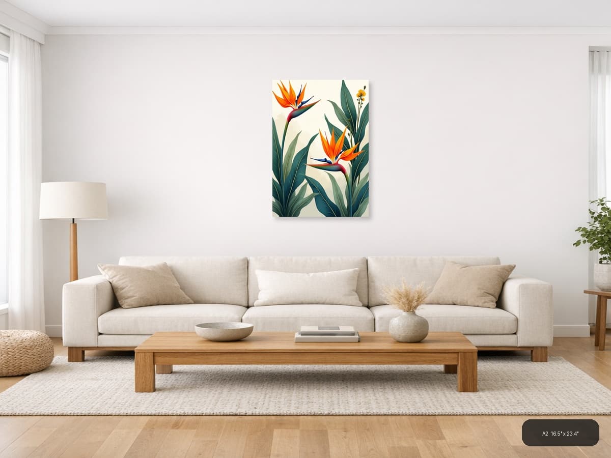 Tropical Bird of Paradise Botanical Portrait Wall Art shown in a room setting at A2