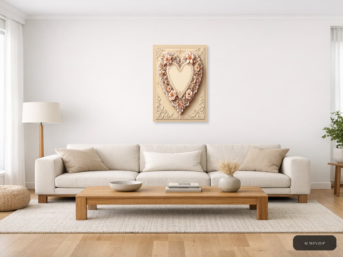 Vintage Heart with Pink Flowers & Ornate Lace Wall Art shown in a room setting at A2