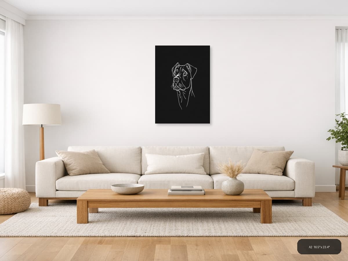 Boxer Dog Portrait Line Art Wall Art shown in a room setting at A2