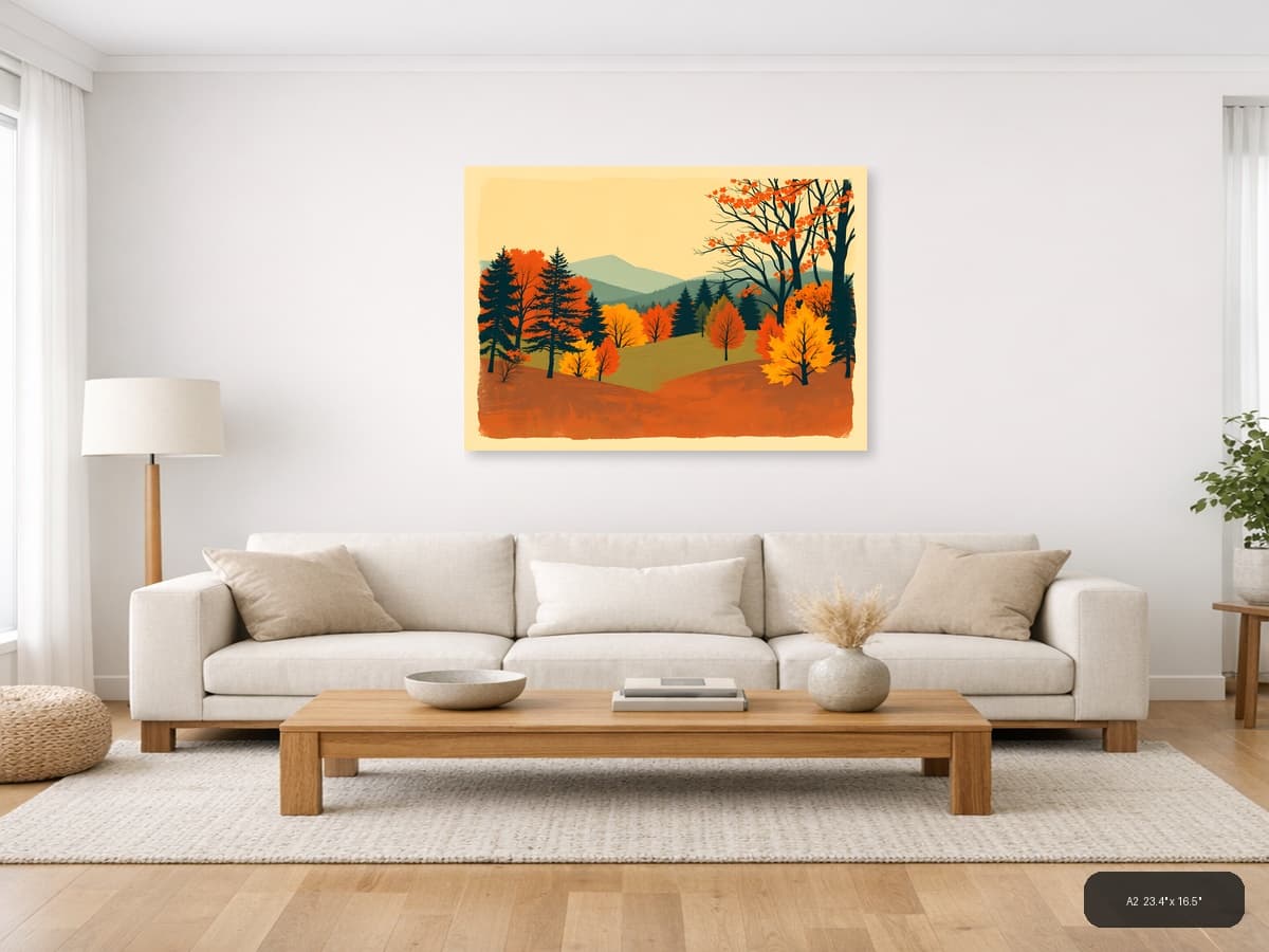 Vintage Autumn Forest Mountain Landscape Wall Art shown in a room setting at A2