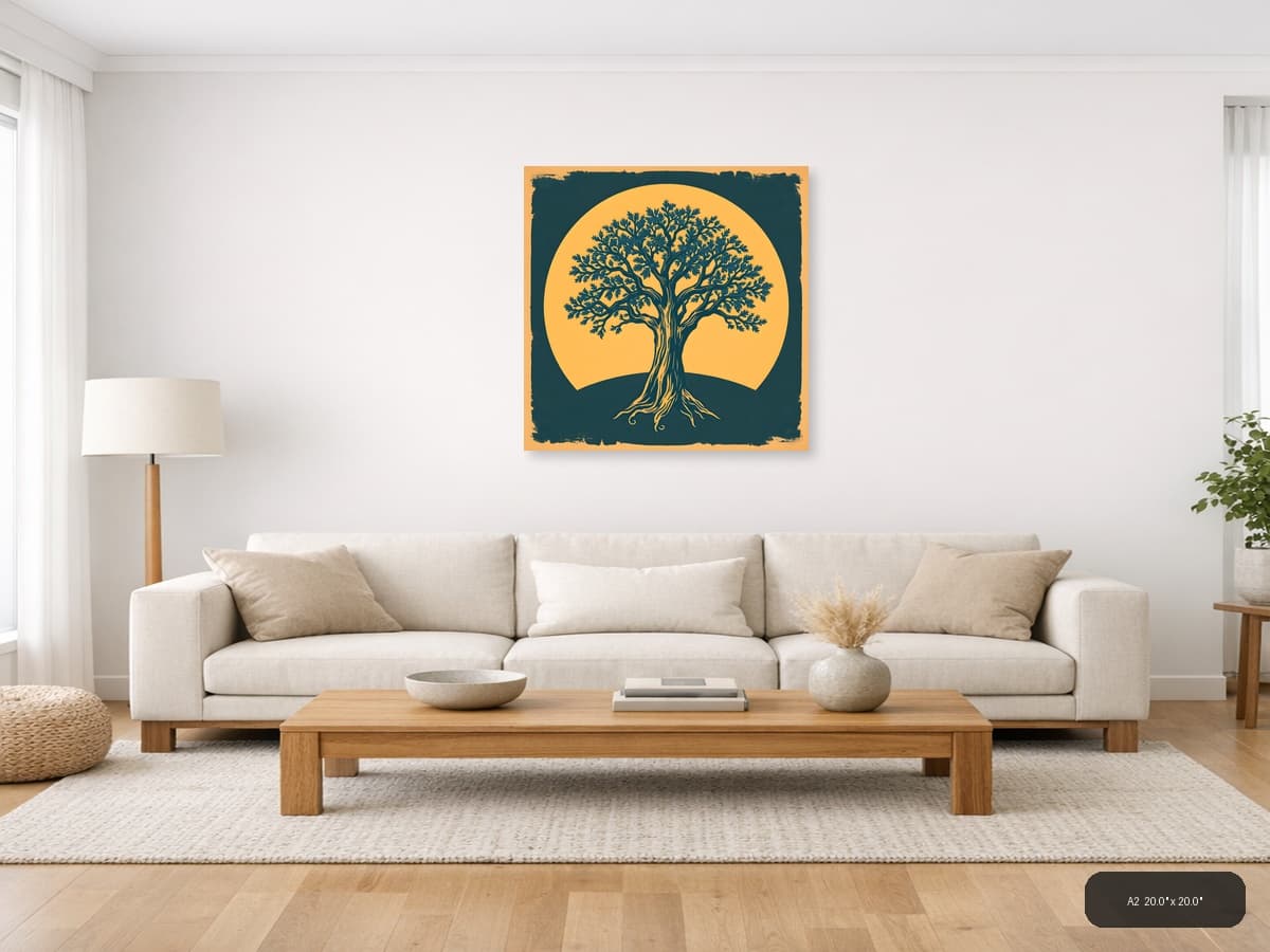 Vintage Tree of Life Against Golden Sun Wall Art shown in a room setting at A2
