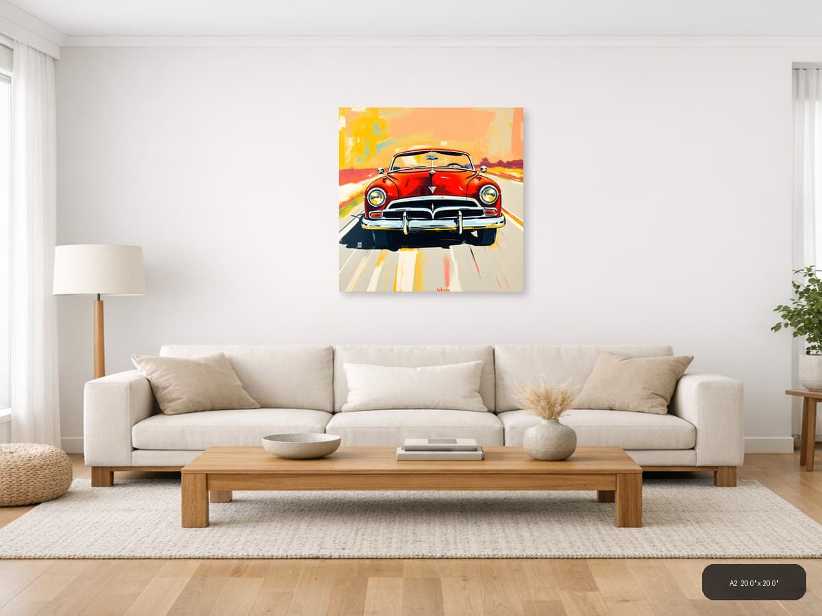 Classic Red Convertible Car Abstract Wall Art shown in a room setting at A2