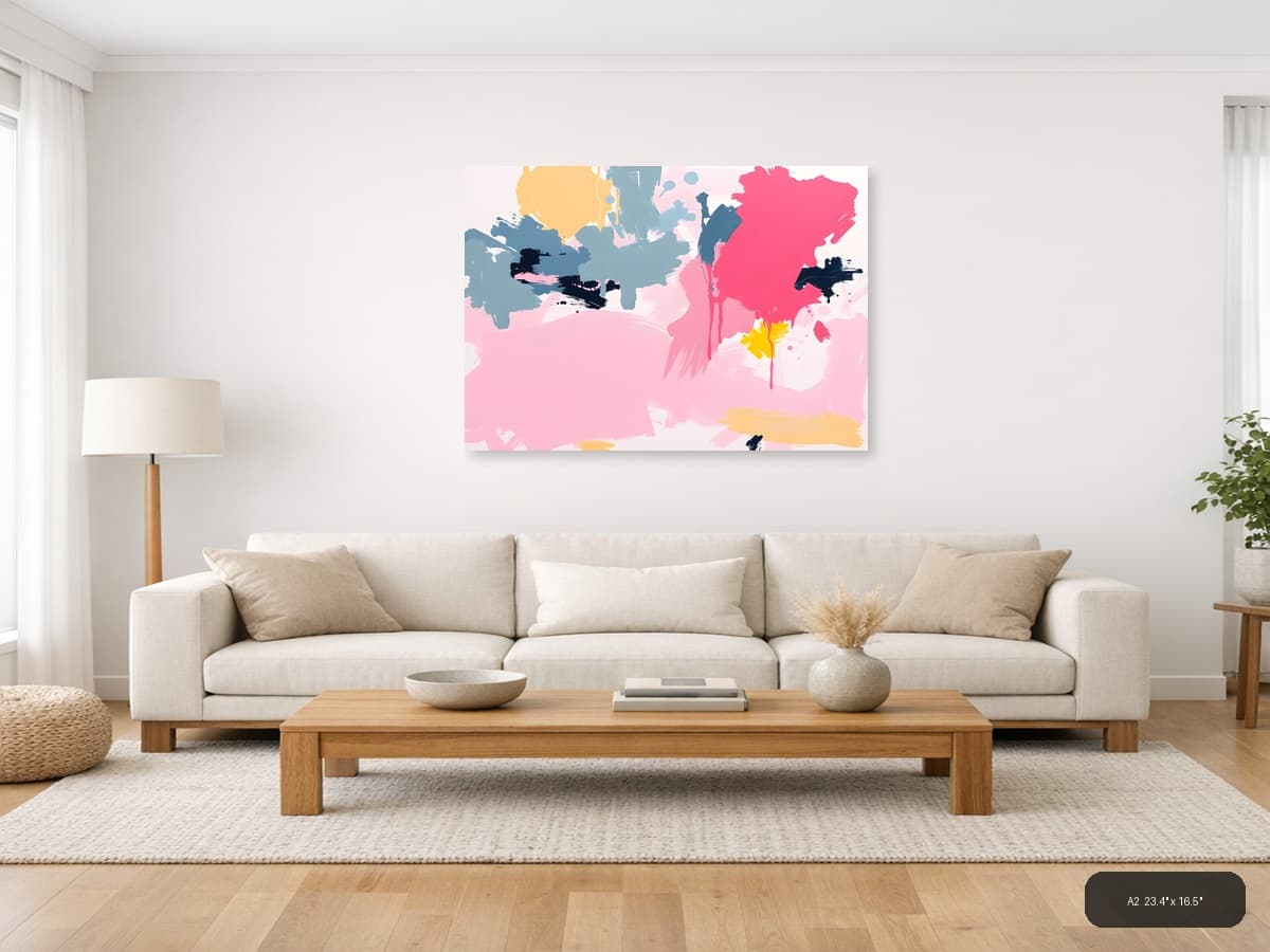 Abstract Pink & Blue Brushstroke Modern Wall Art shown in a room setting at A2