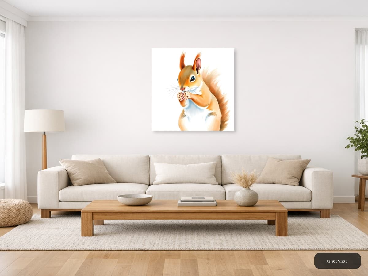 Playful Squirrel Watercolor Wall Art - Orange & Cream shown in a room setting at A2