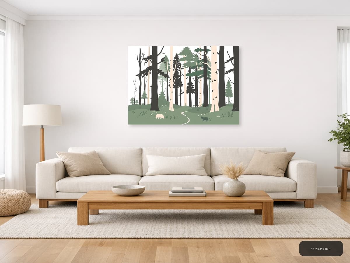 Minimalist Forest Path with Wildlife Wall Art shown in a room setting at A2