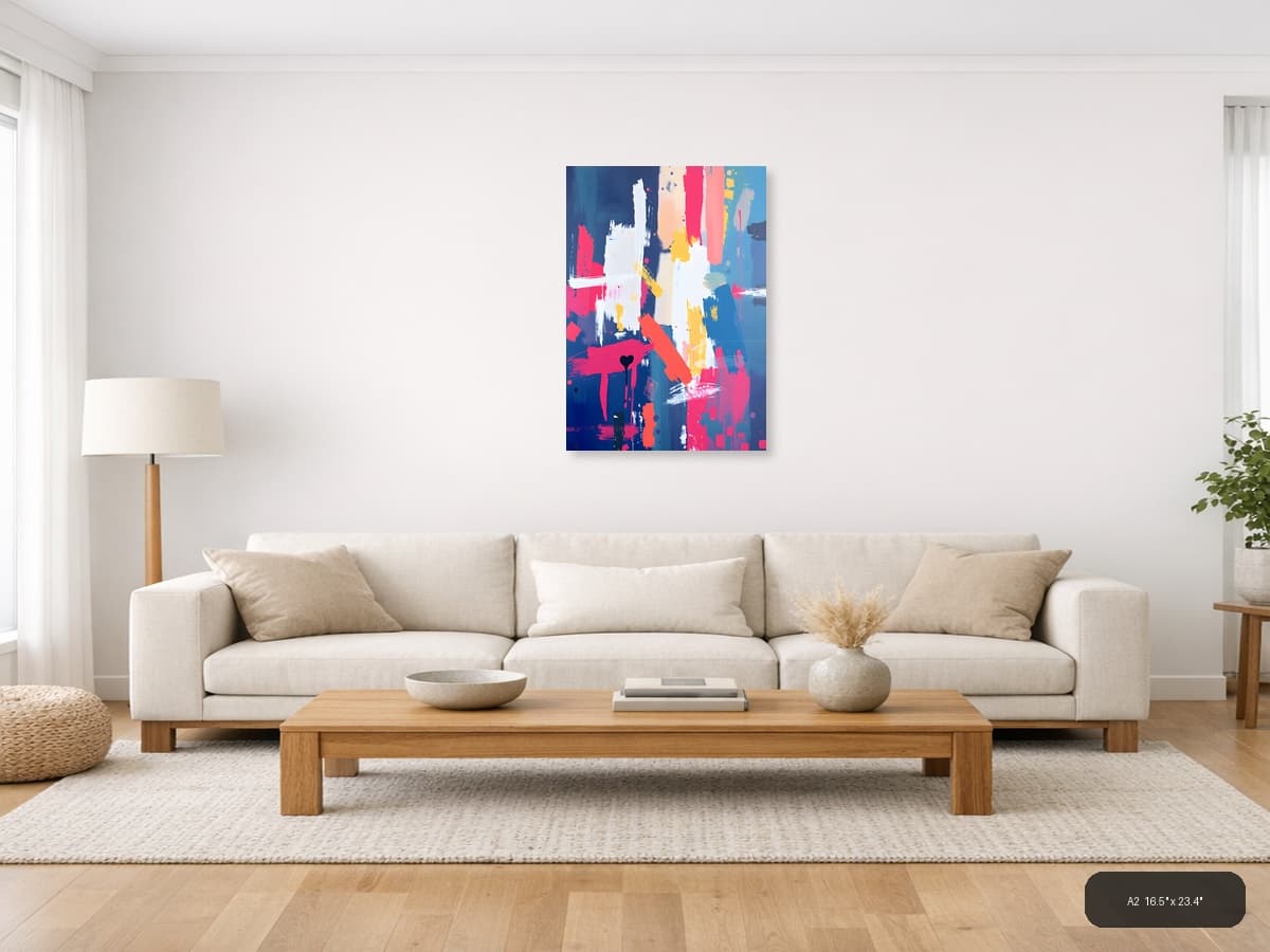 Vibrant Abstract Paint Splatter Blue Pink Yellow Wall Art shown in a room setting at A2