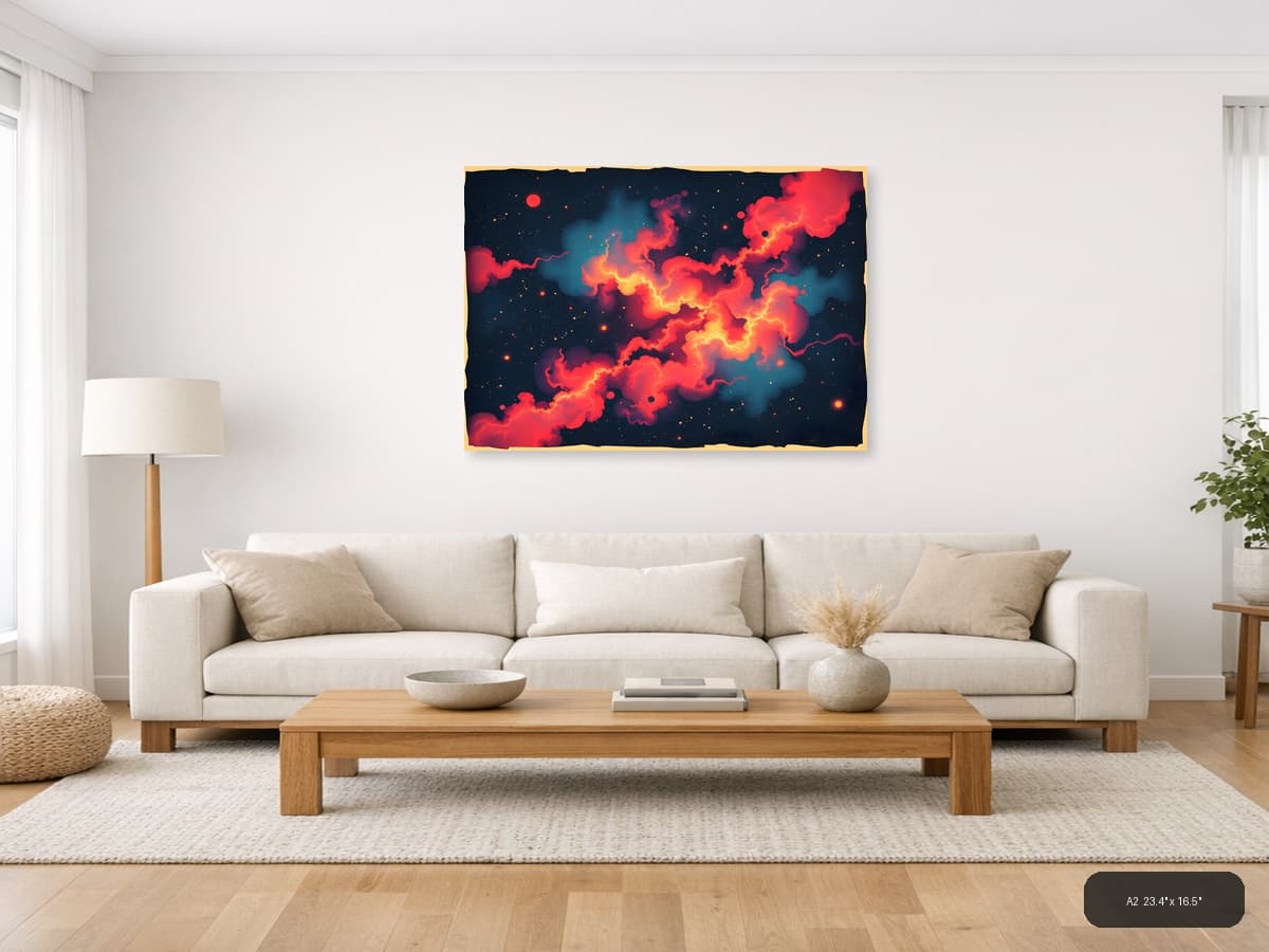 Vintage Cosmic Nebula Red Orange Fire Space Wall Art shown in a room setting at A2