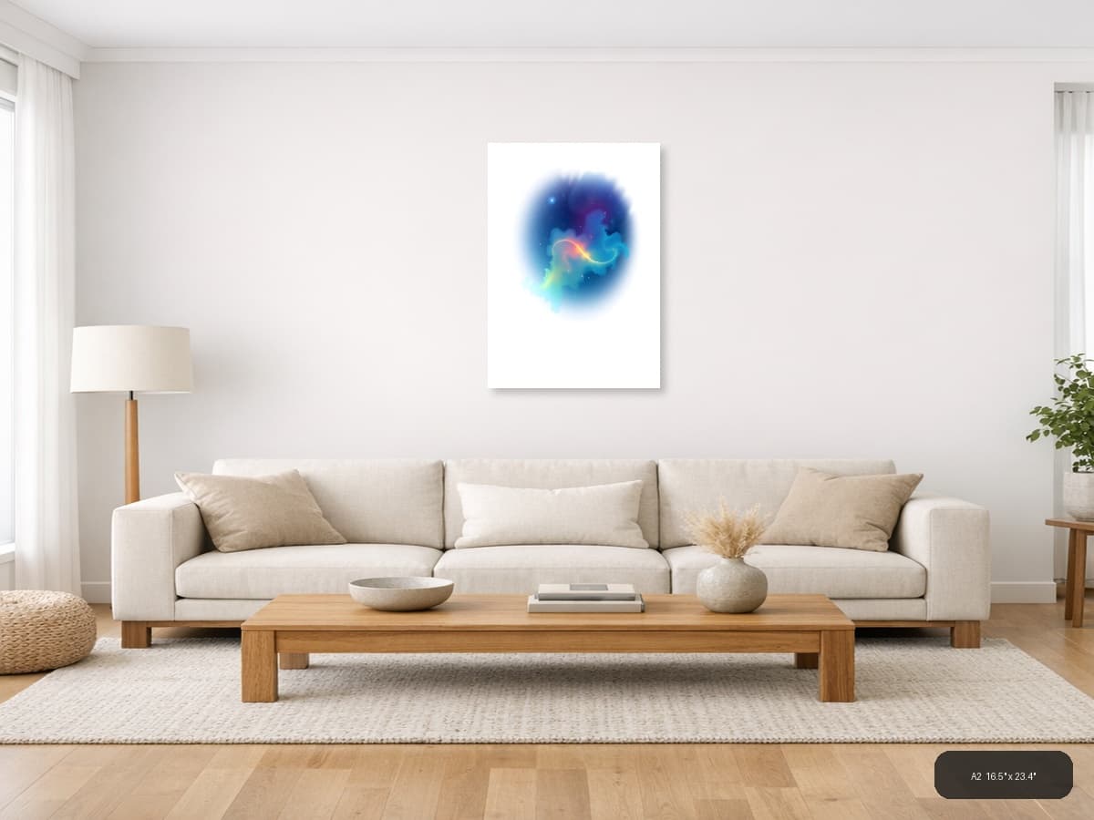 Minimalist Cosmic Nebula Blue Orange Wall Art shown in a room setting at A2
