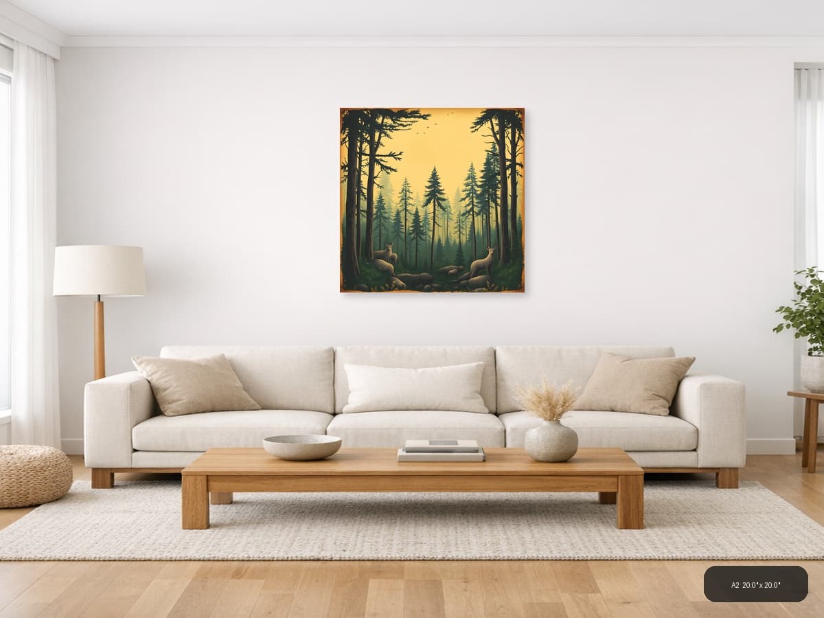 Vintage Forest Deer Golden Hour Wall Art shown in a room setting at A2