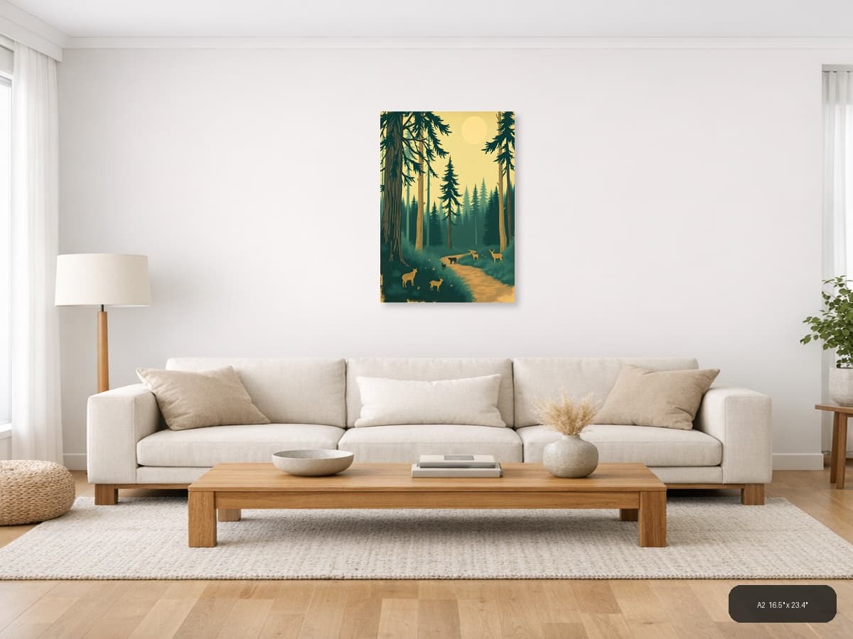 Vintage Forest Wildlife Path Landscape Wall Art shown in a room setting at A2