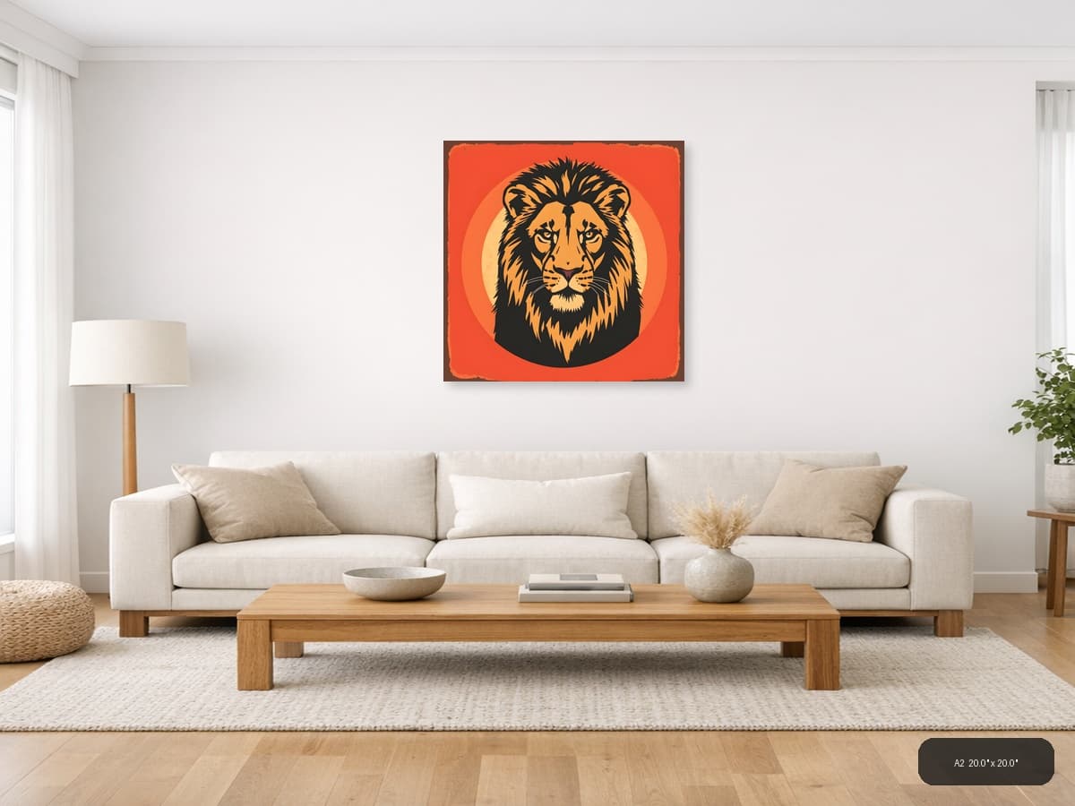 Vintage Lion Head Portrait Orange Wall Art shown in a room setting at A2