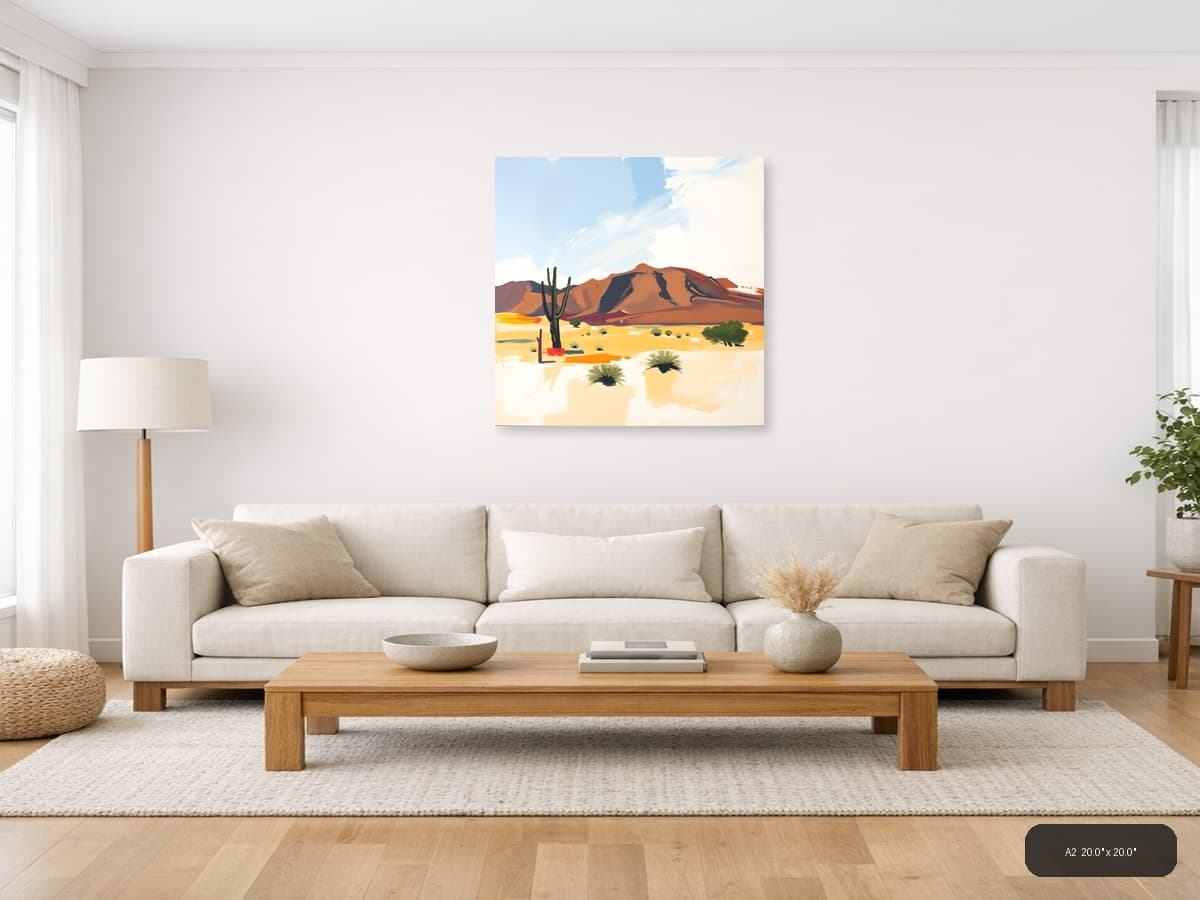 Abstract Desert Mountain Landscape with Cactus Wall Art shown in a room setting at A2