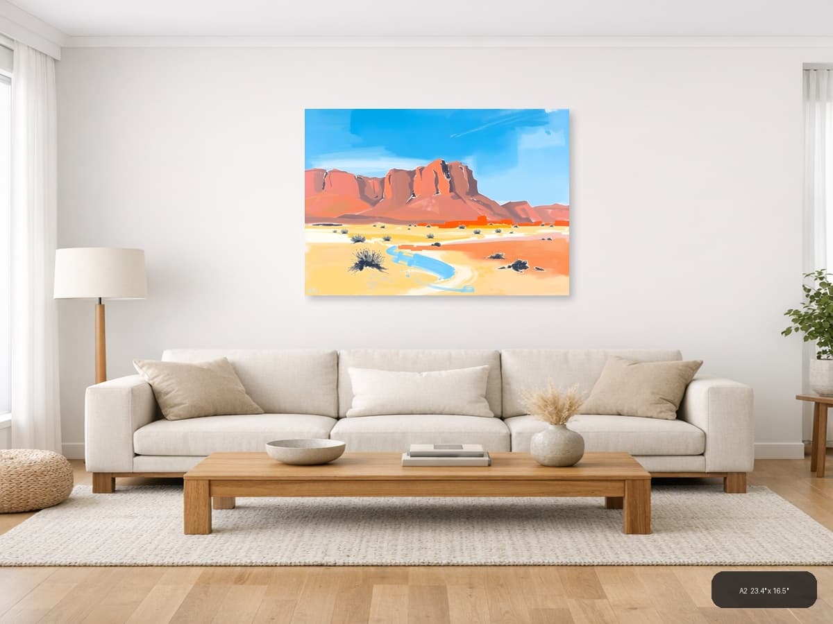 Abstract Desert Landscape with Red Rock Formation Wall Art shown in a room setting at A2