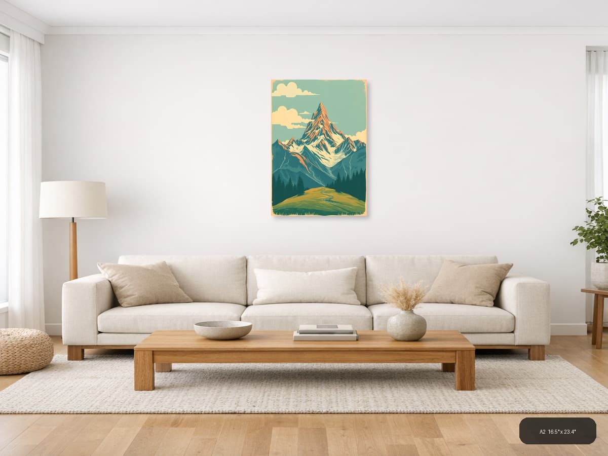 Vintage Mountain Peak Landscape Poster Wall Art shown in a room setting at A2