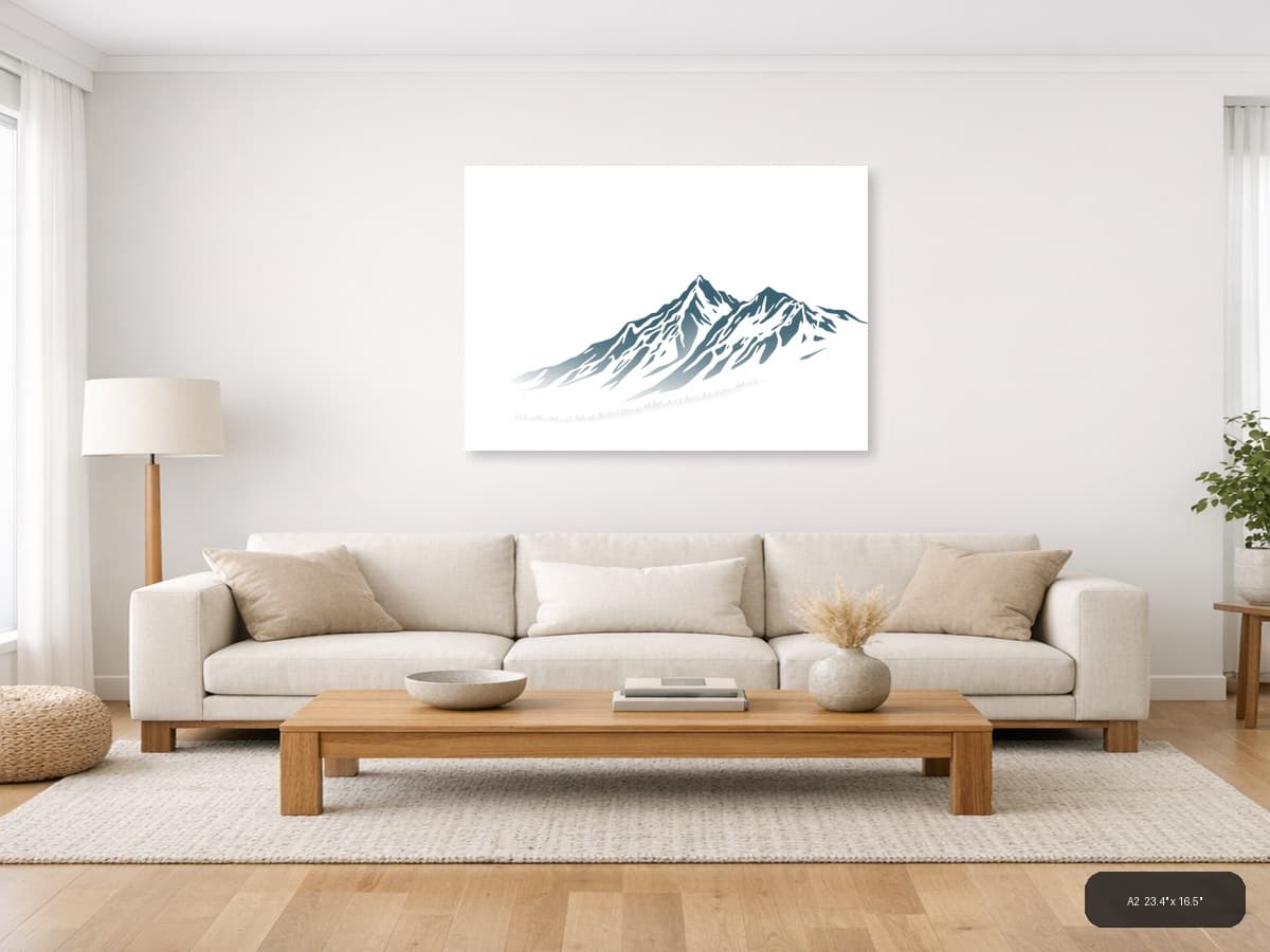 Minimalist Snow-Capped Mountain Peak Wall Art shown in a room setting at A2