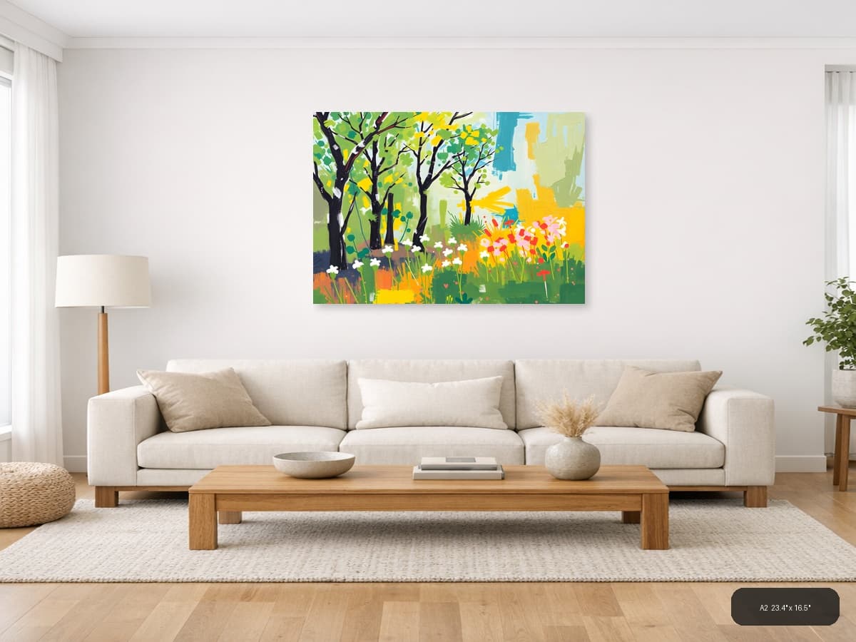 Spring Garden with Black Trees Abstract Wall Art shown in a room setting at A2