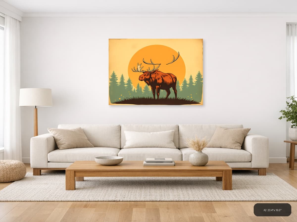 Vintage Moose Silhouette Sunset Forest Wall Art shown in a room setting at A2